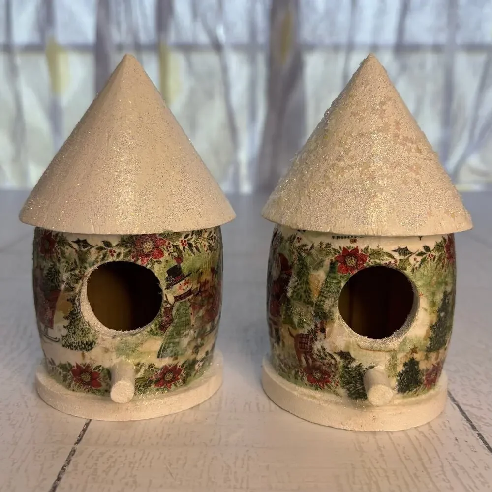 Hand-Decorated Christmas Birdhouse Set of 2 Santa Décor